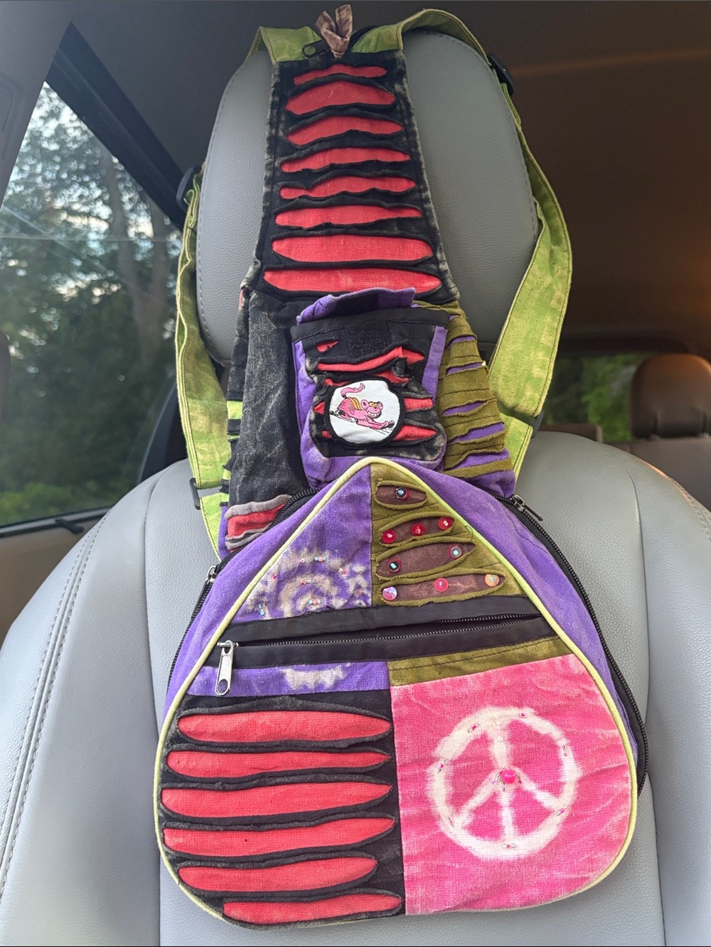 Boho Patchwork Peace Sign Women's Crossbody Bag in Pink & Purple